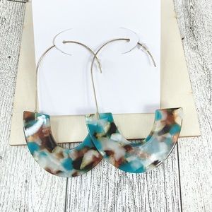 Acrylic Teal Browns Pearl Hoop Dangle Earrings